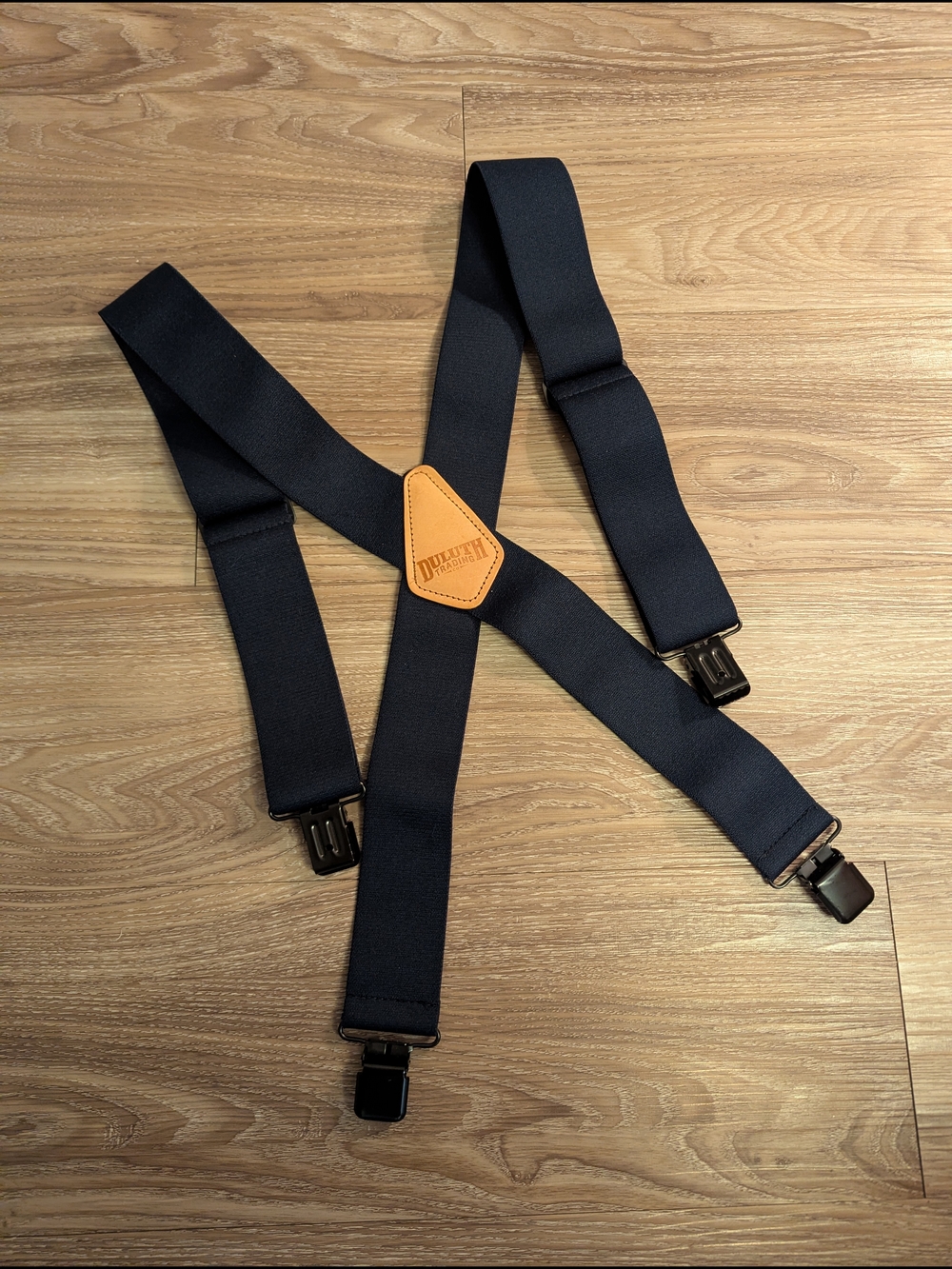 Duluth Trading Co Blue Suspenders with Tan Leather Y-Back